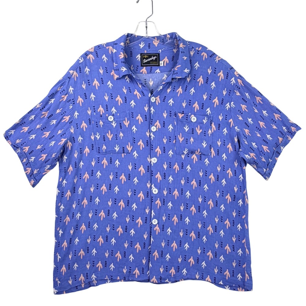 Swankys Crinkle Crepe Camp Shirt Men XL Blue Short Sleeve Pocket Boho Retro L.A. - Picture 6 of 11